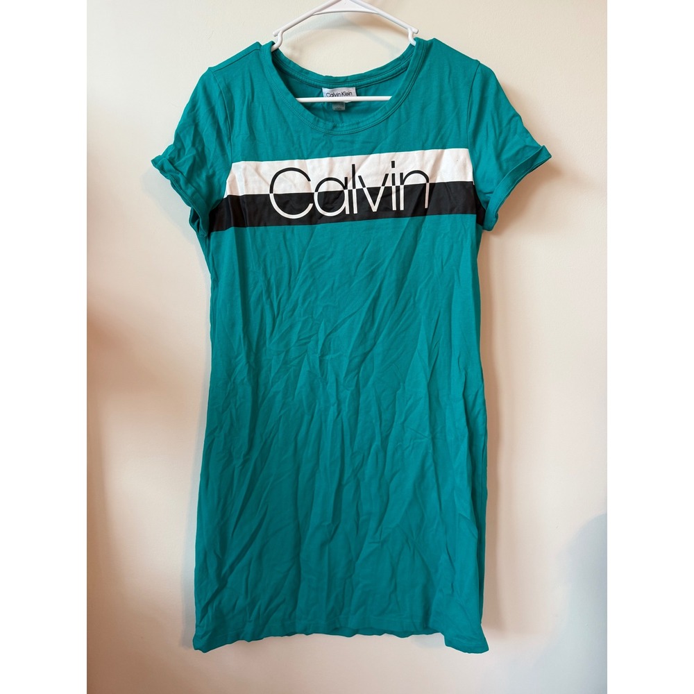 Calvin Klein Womens Teal Green Logo Colorblock T-Shirt Mini Dress Large